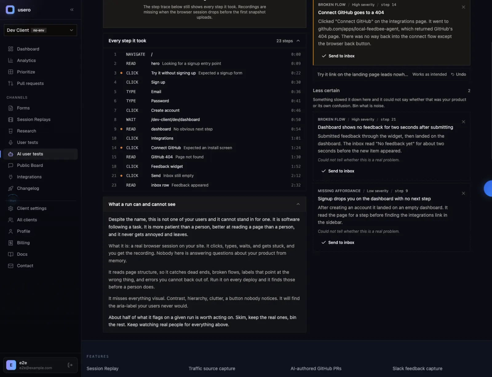 Step trace listing 23 browser actions with timestamps, beside the limits panel
