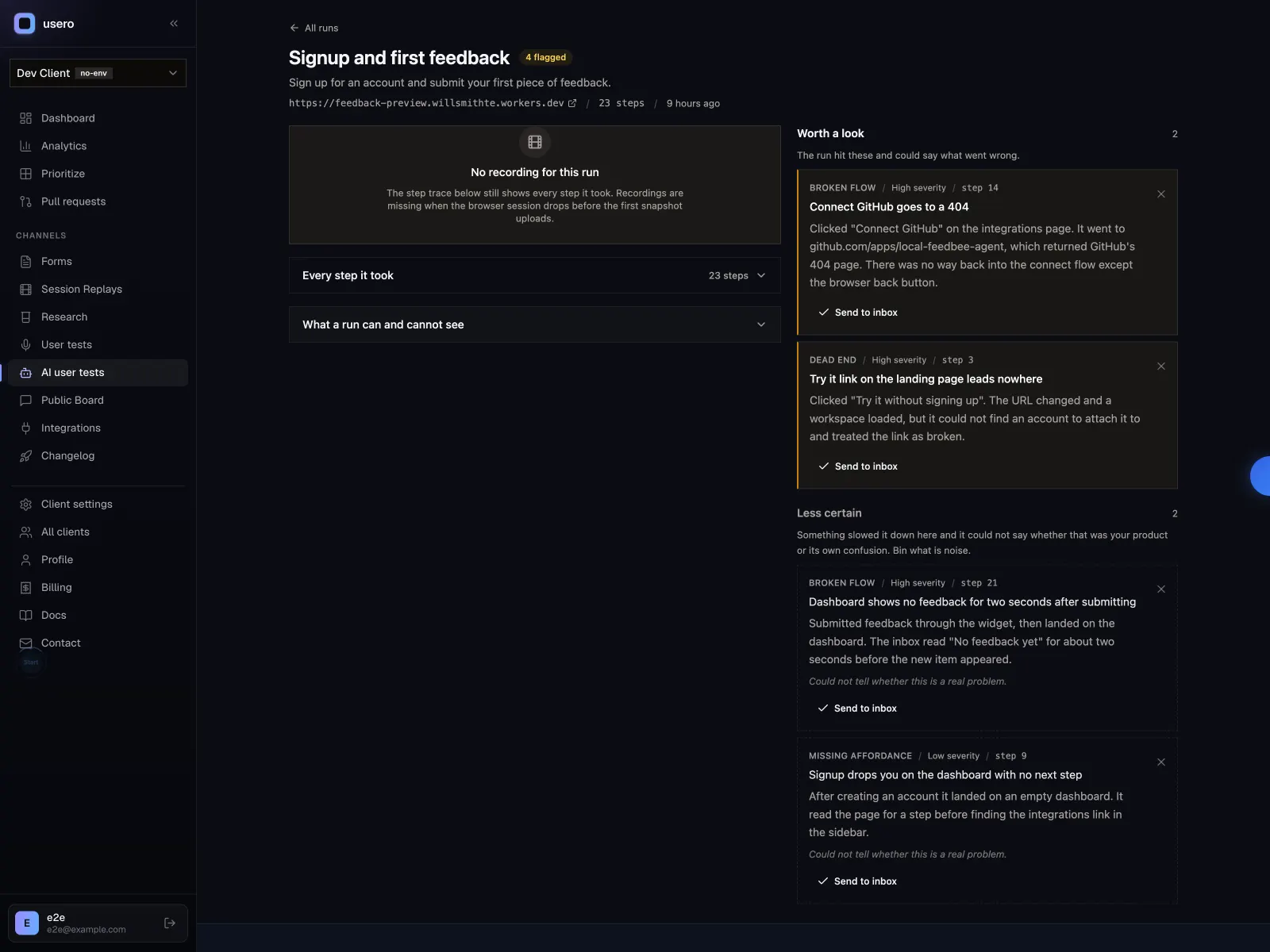 A single AI user test run showing findings split into "Worth a look" and "Less certain"