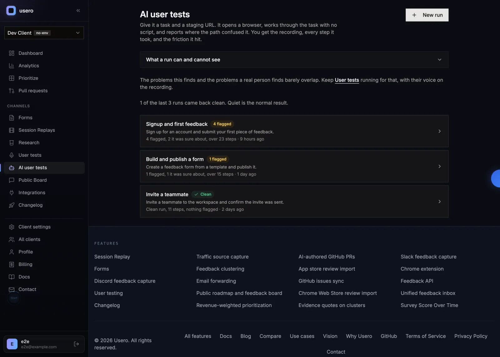Usero AI user tests run list showing three runs, two with flagged findings and one clean