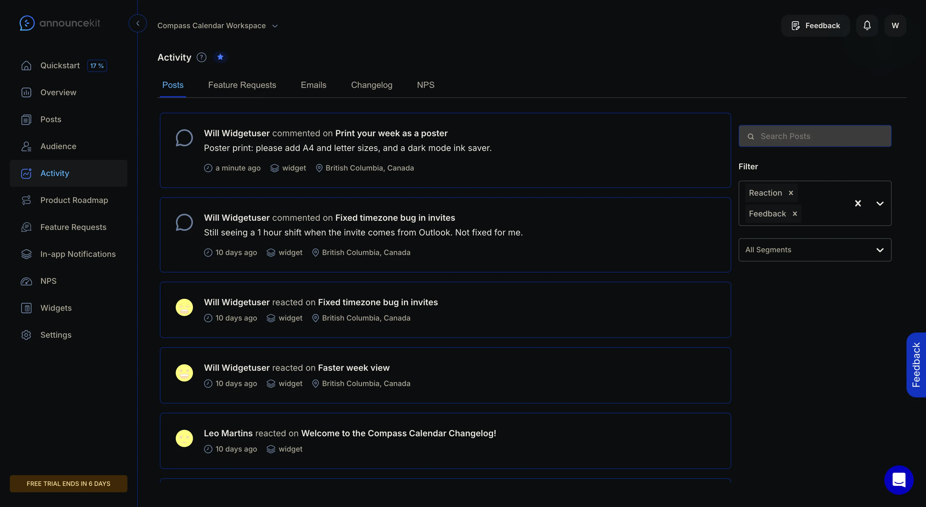 AnnounceKit activity stream showing ten-day-old anonymous entries retroactively attributed to the newly identified user