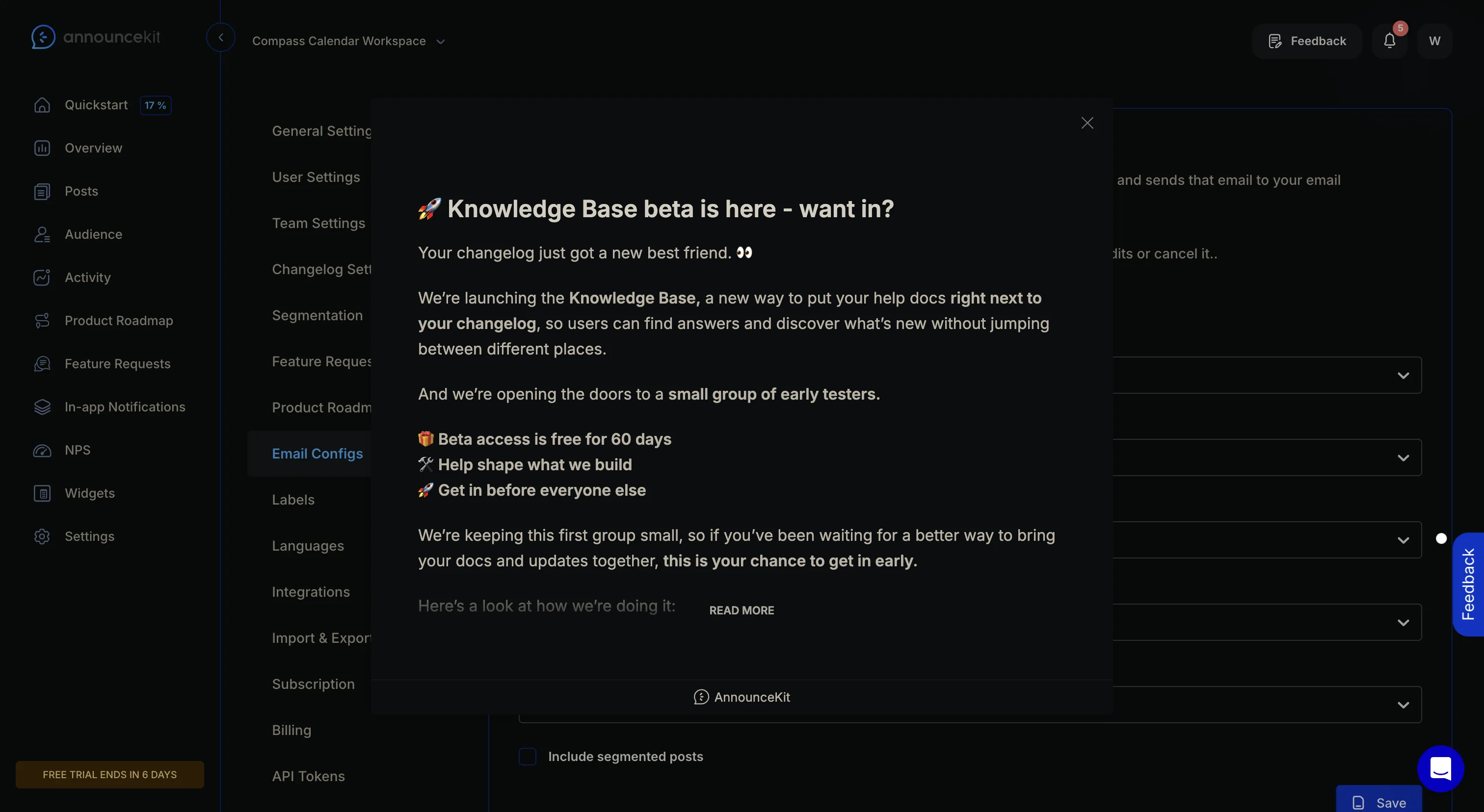 AnnounceKit email digest settings: frequency, sending day, label filters, post content mode, and the 12 hour draft note