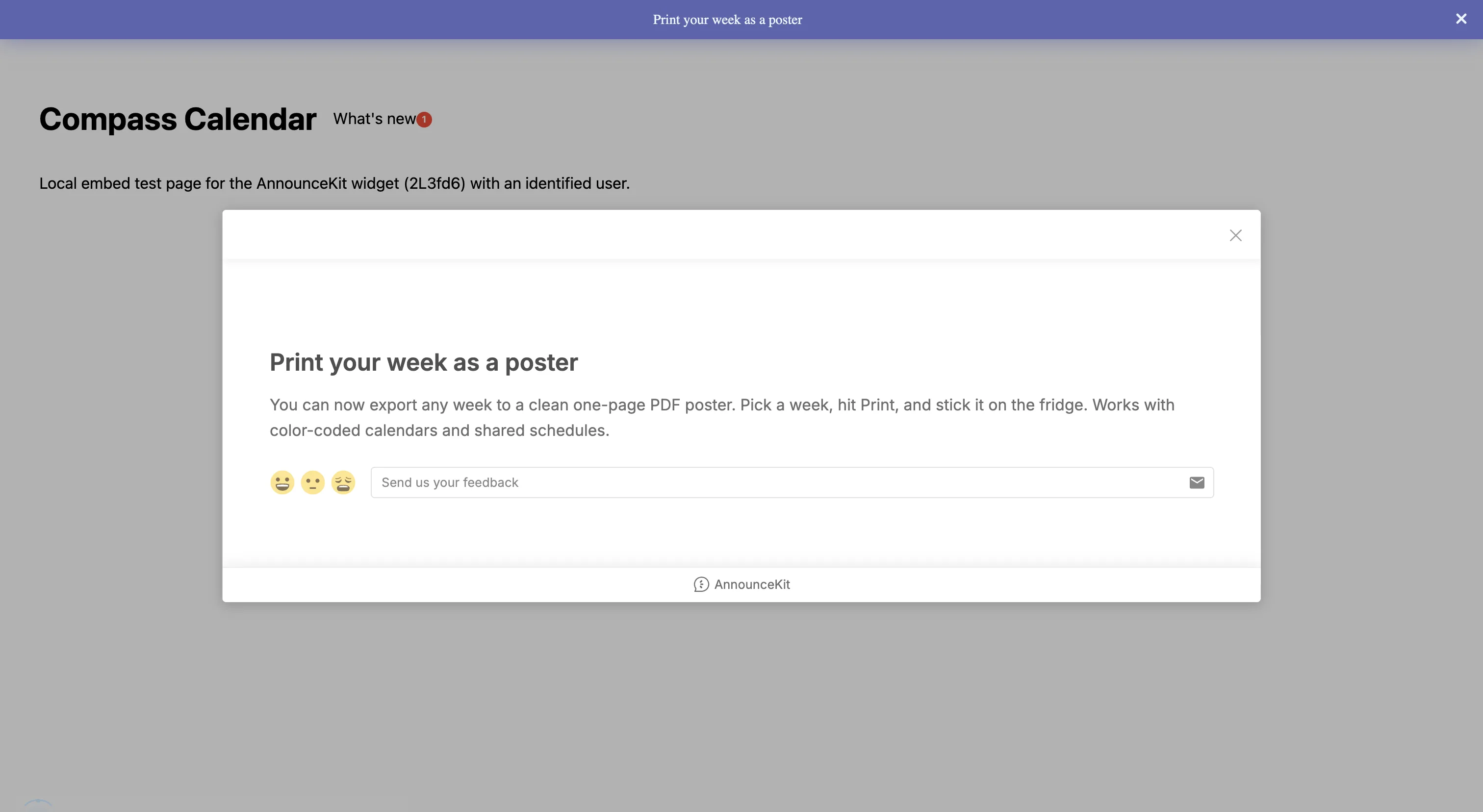 AnnounceKit announcement bar and modal booster firing together on one pageview, the modal with reactions and a feedback box