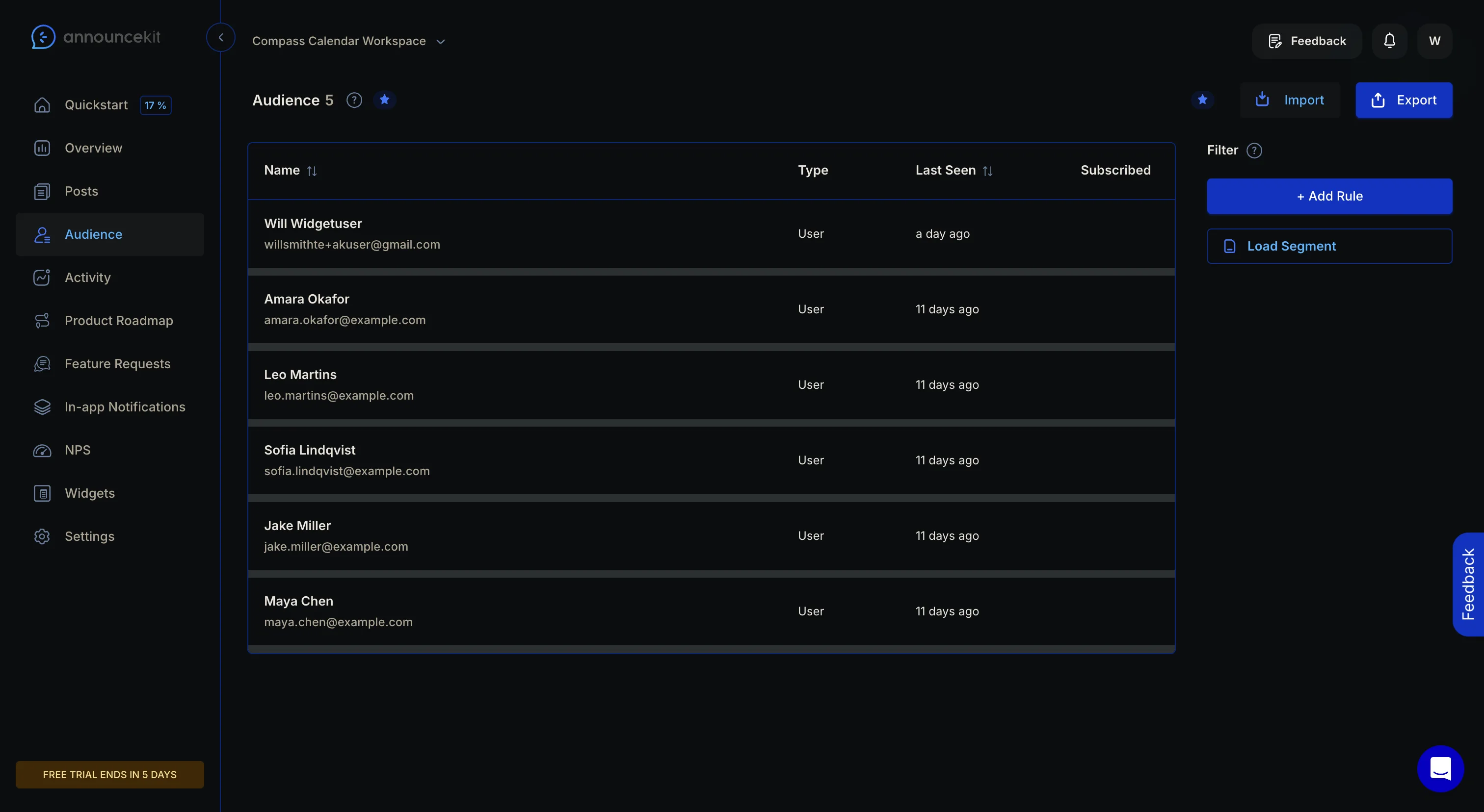 AnnounceKit audience table where the Subscribed column is empty for every user