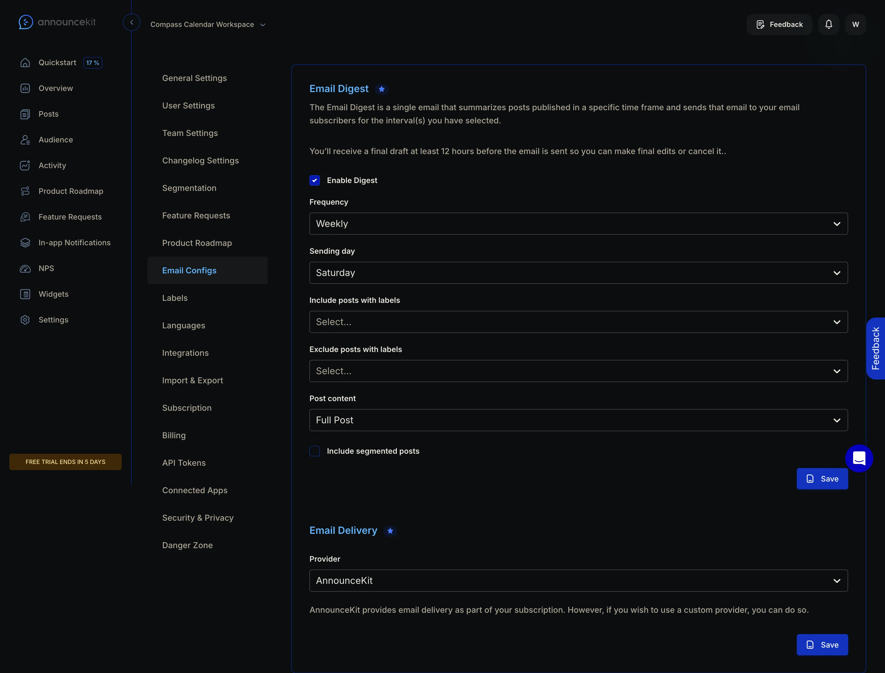 AnnounceKit Email Configs panel with the digest enabled, set to Weekly, Saturday, Full Post