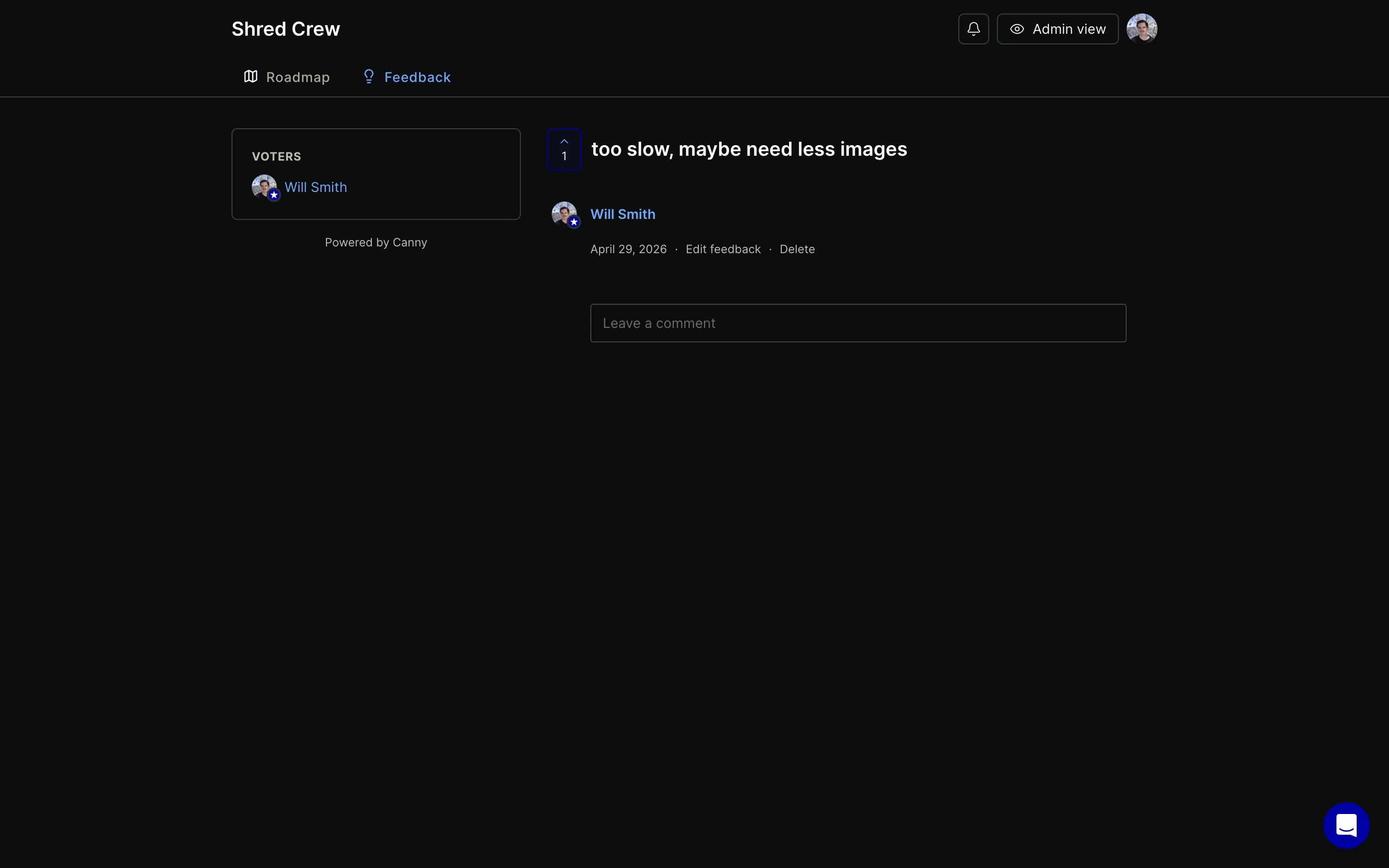 A Canny board post after its linked changelog entry was published, showing a card that reads "Visit our changelog to read the official release notes" with a Learn more button