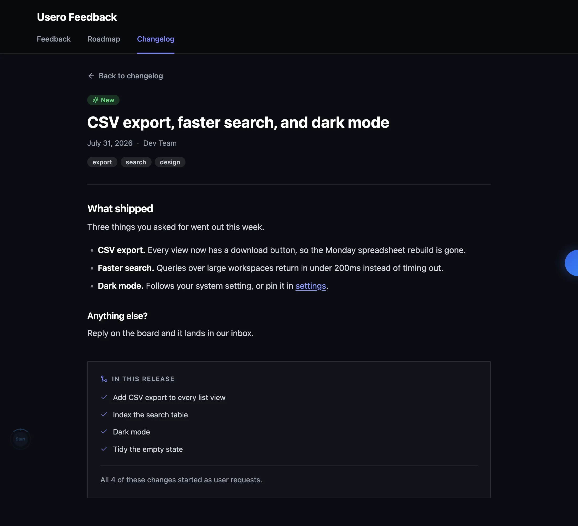 A Usero public changelog entry page with its markdown body rendered into headings and bullet lists, showing the linked pull requests in an In this release section