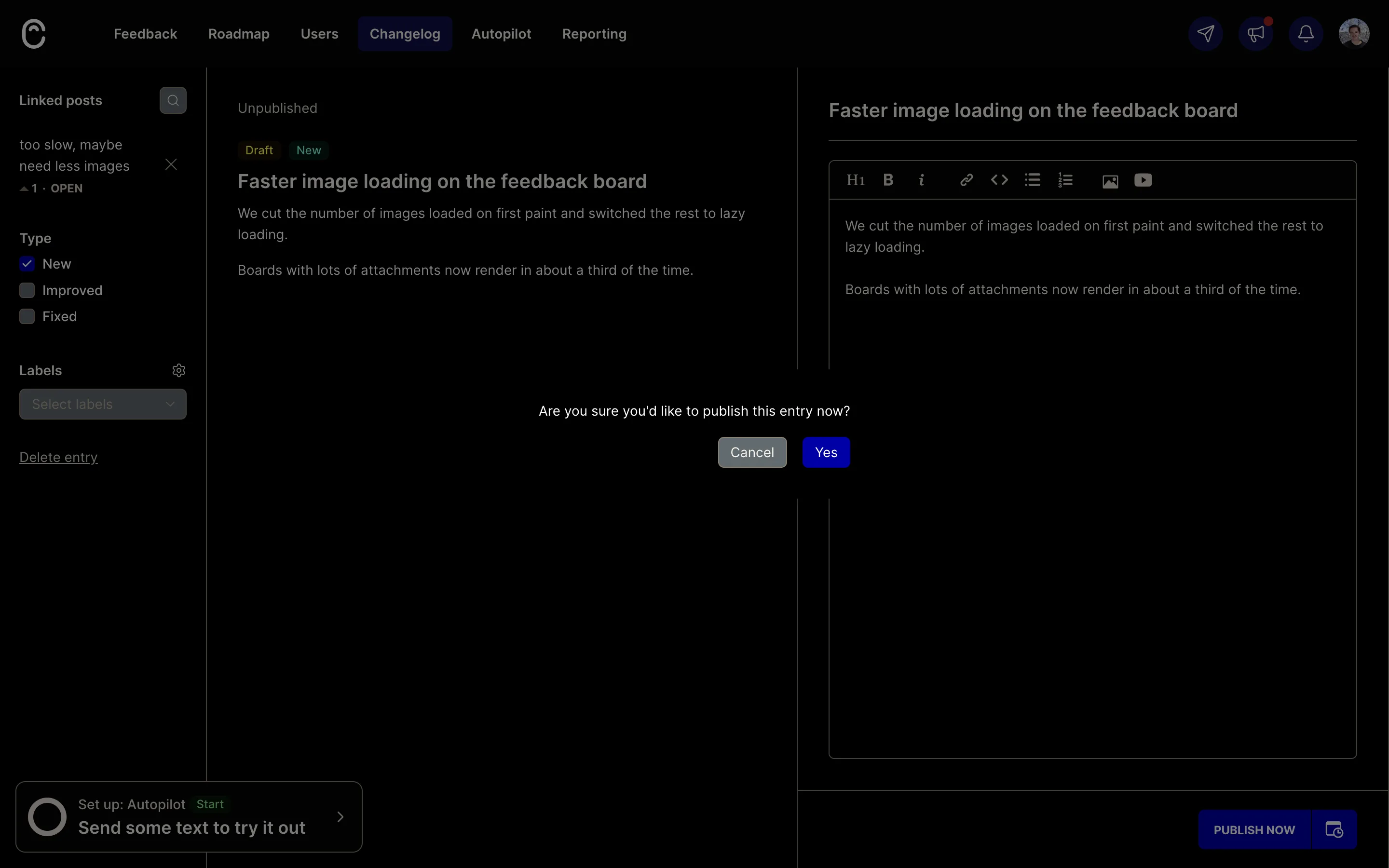Canny's publish confirmation dialog reading 'Are you sure you would like to publish this entry now?' with only a Cancel button and a Yes button
