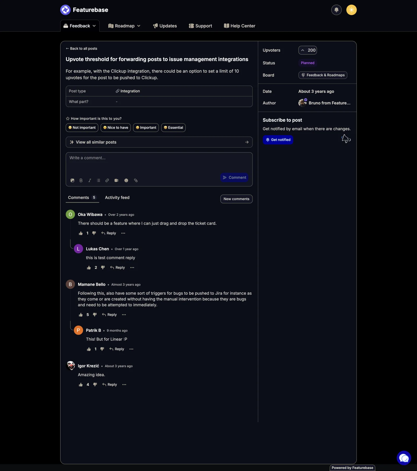 Featurebase feedback board post titled Upvote threshold for forwarding posts to issue management integrations, showing 200 upvoters, status Planned, author Bruno from Featurebase, dated about 3 years ago, with five comments below.
