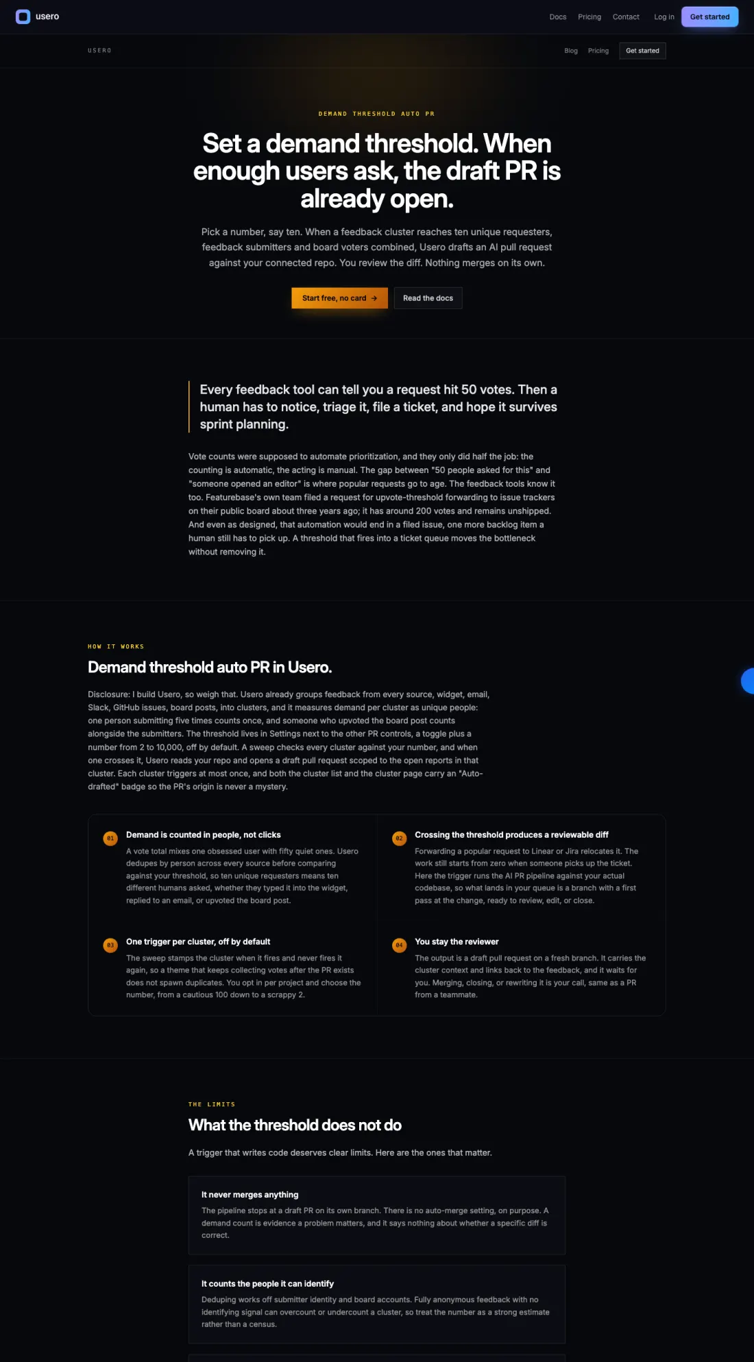 Usero feature page for demand threshold auto PR with the headline Set a demand threshold, when enough users ask the draft PR is already open, and sections explaining that demand is counted in people and that nothing merges on its own.