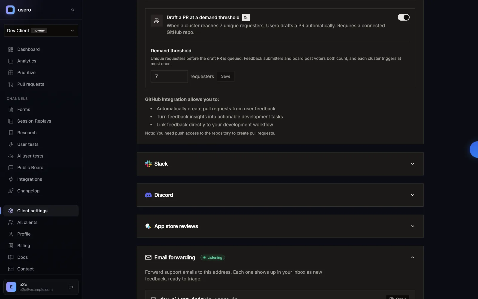 Usero client settings showing a Draft a PR at a demand threshold toggle switched on, with a demand threshold input set to 7 requesters and copy explaining that feedback submitters and board post voters both count and each cluster triggers at most once.