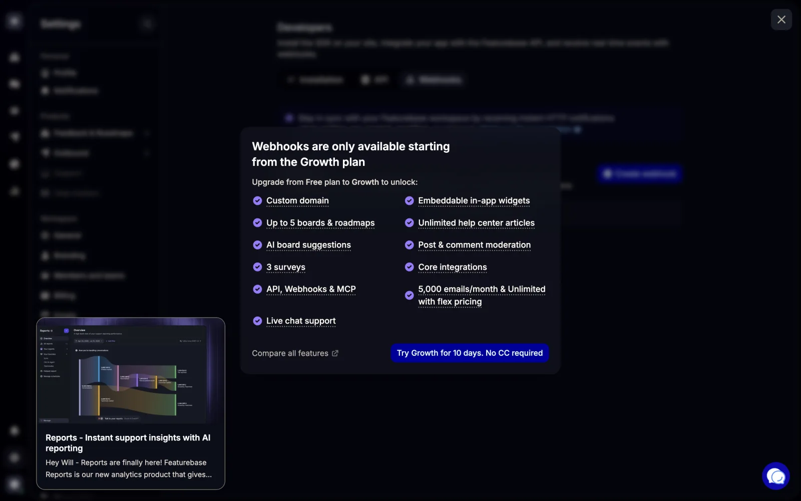 Featurebase upgrade modal stating webhooks are only available starting from the Growth plan, listing unlocks including core integrations, API, webhooks and MCP, up to 5 boards and roadmaps.