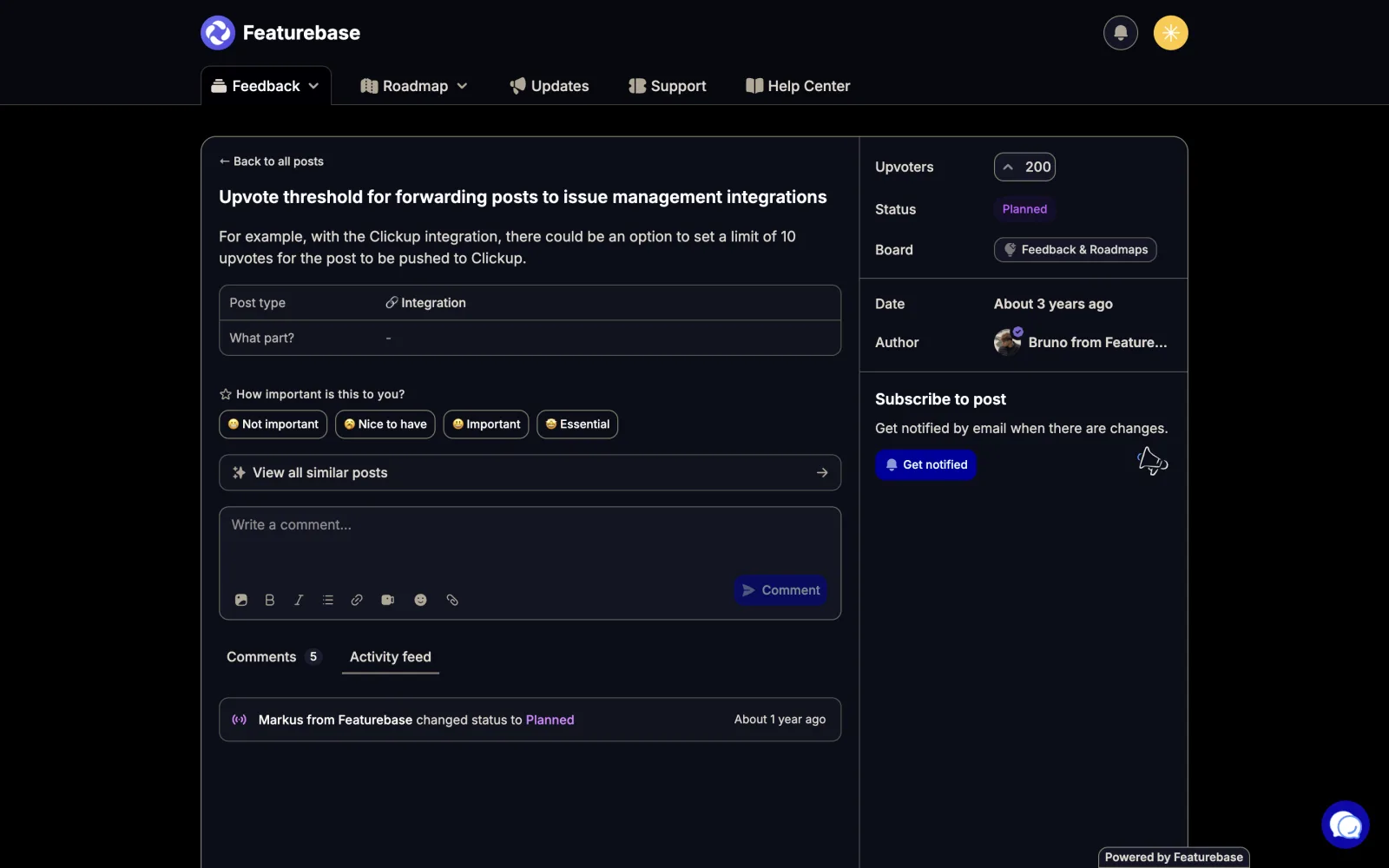 Activity feed on the Featurebase threshold request showing a single entry: Markus from Featurebase changed status to Planned, about 1 year ago.