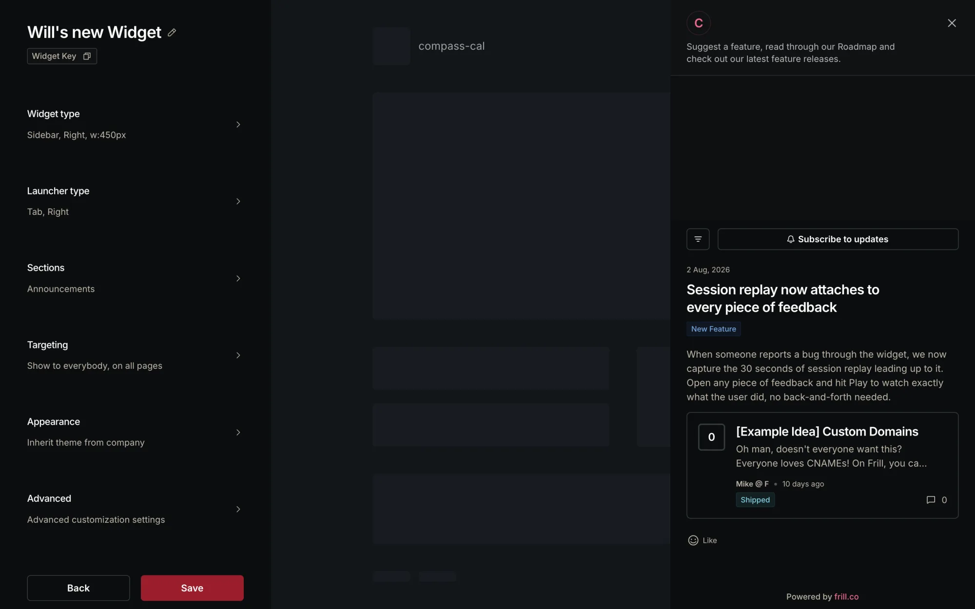 Frill widget editor with a config rail on the left listing Widget type, Launcher type, Sections, Targeting, Appearance and Advanced, and the real announcements widget rendered live on the right showing an announcement titled "Session replay now attaches to every piece of feedback" with an embedded Idea card.