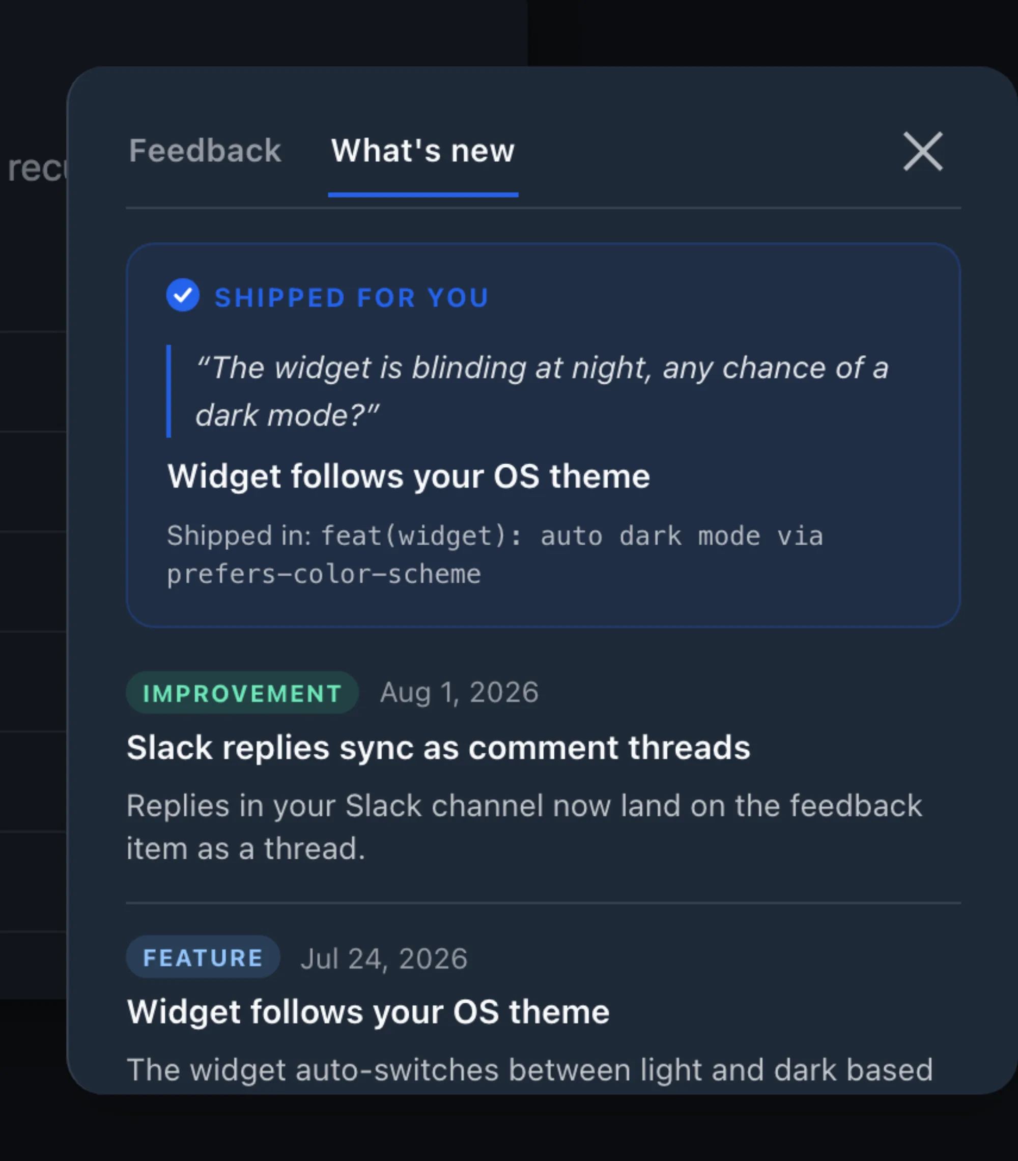 The same Usero What’s new view rendered in the dark theme, with the pinned Shipped for you card and the changelog entries below it on a dark background.