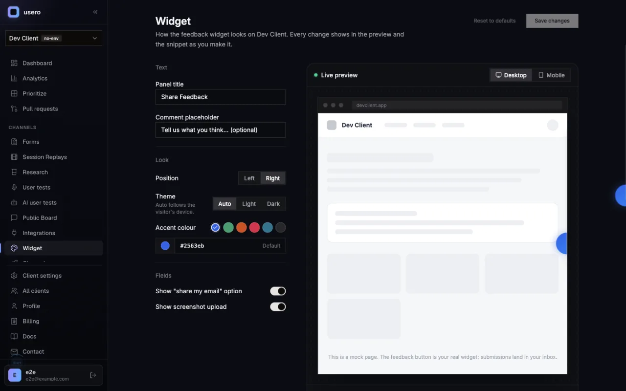The Usero Widget page on first open. A control rail on the left with Panel title set to Share Feedback, the default comment placeholder, Position Right, Theme Auto, Accent colour #2563eb marked Default, and the share-my-email and screenshot-upload toggles both on. On the right, a Live preview card with a Desktop / Mobile toggle showing a grey mock page for Dev Client with the real blue feedback launcher on its right edge.