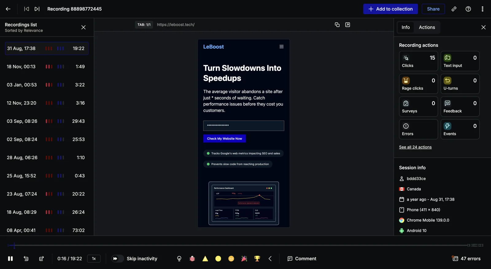 Hotjar’s recording player showing a 19-minute session on the leboost landing page, with a recordings list on the left, playback controls with Skip inactivity at the bottom, and an actions panel on the right counting 15 clicks, rage clicks, u-turns, surveys, feedback, errors and events for the session.