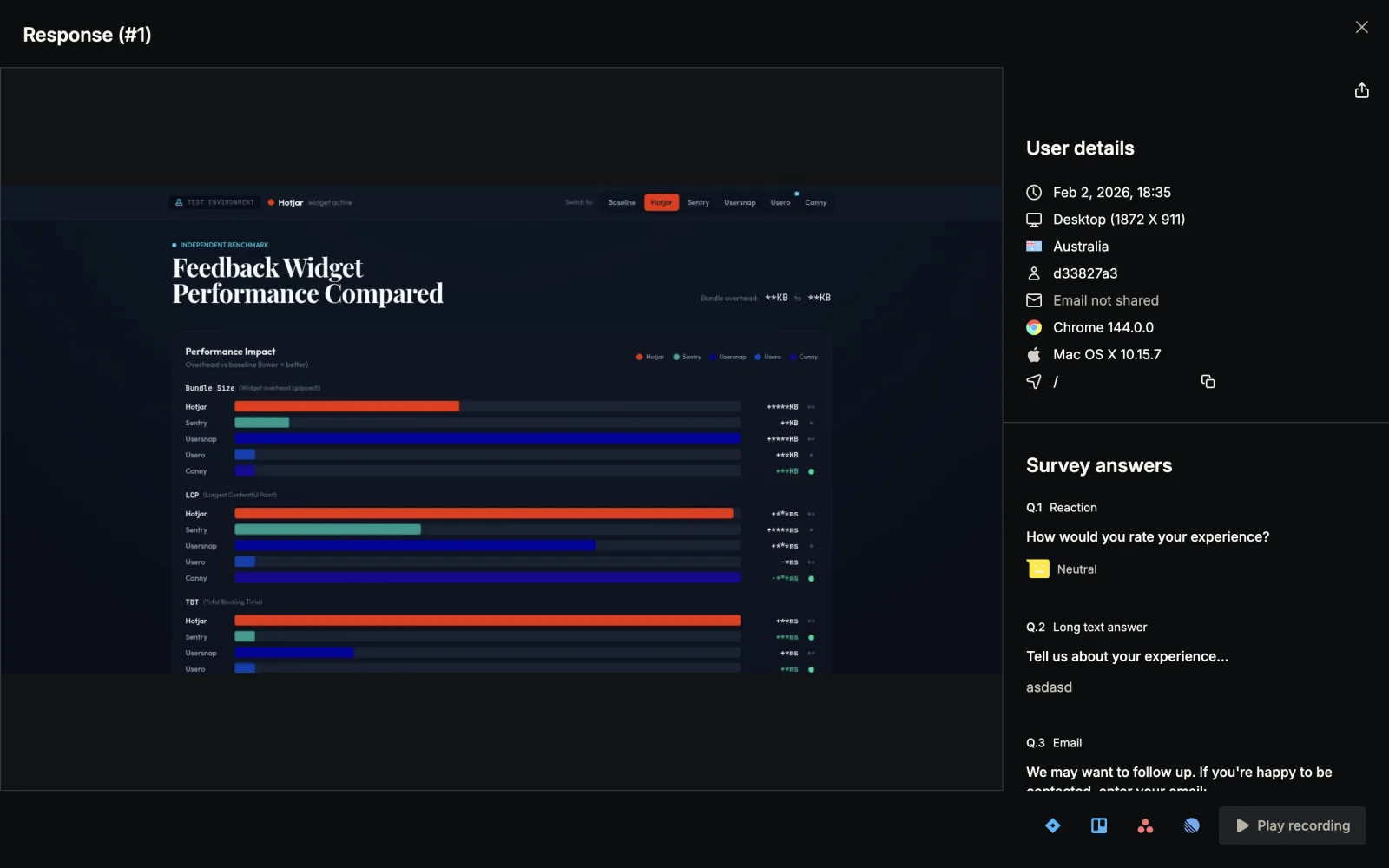 Hotjar’s response modal with the auto-captured page screenshot on the left and, on the right, user details including date, device, country, browser and OS, followed by the survey answers, with forwarding icons and a Play recording button in the bottom-right corner.