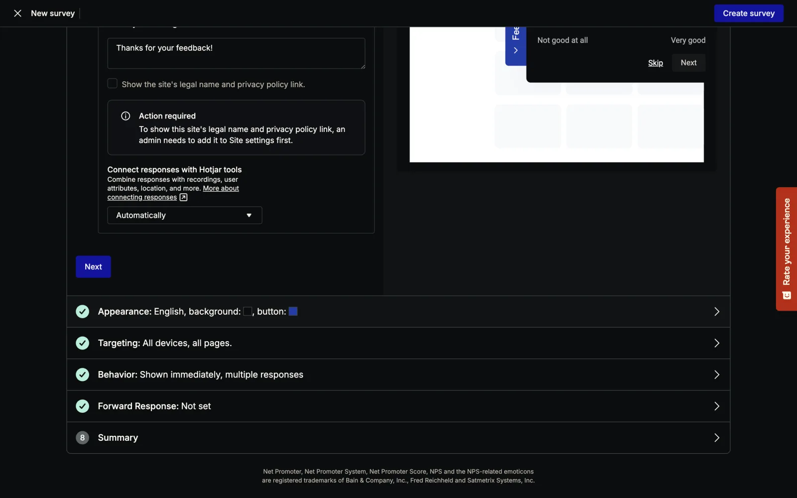 The Appearance step of the Hotjar survey wizard, showing the "Connect responses with Hotjar tools" dropdown set to Automatically, above collapsed steps for Targeting, Behavior, Forward Response and Summary, with a live preview of the feedback widget on the right.