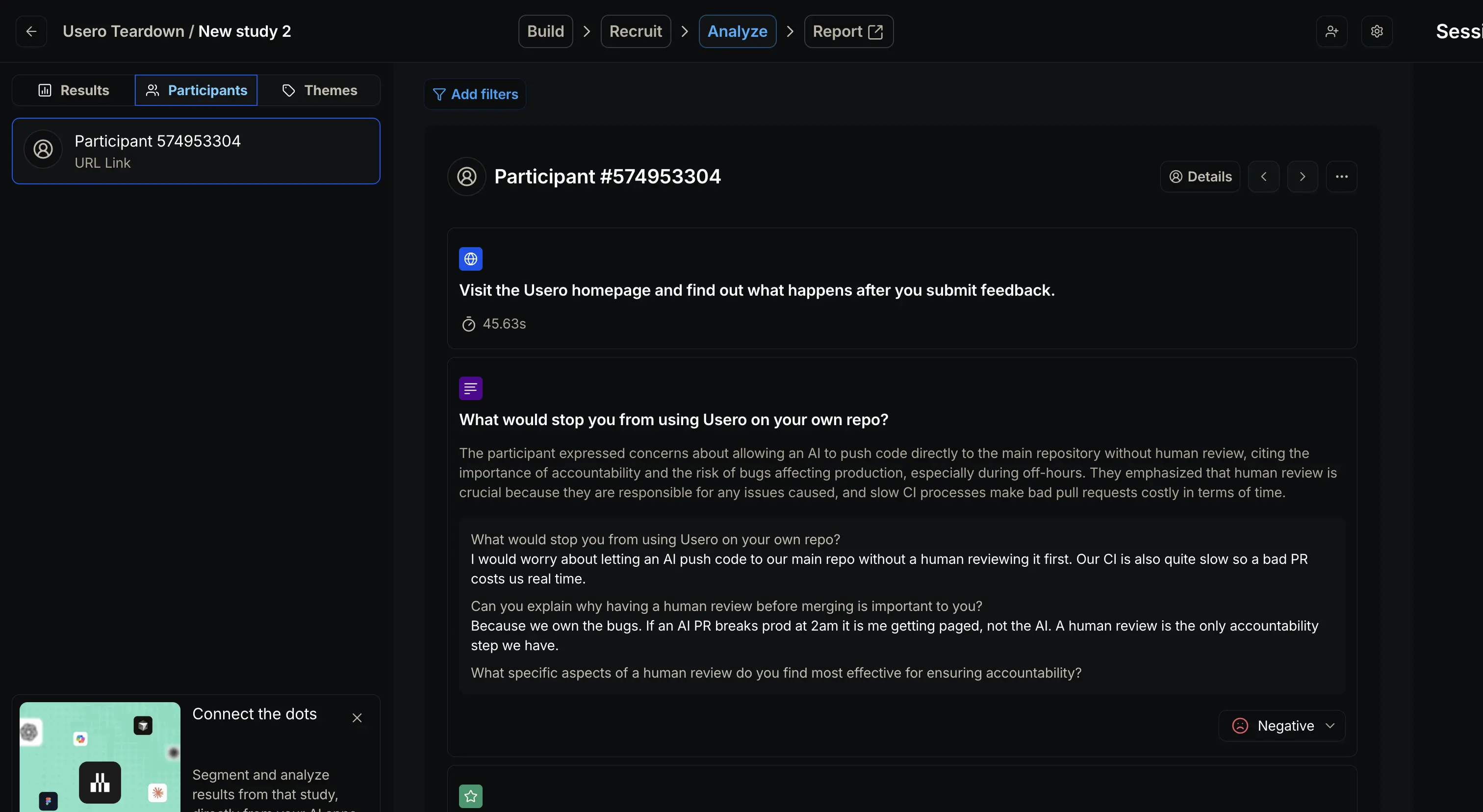 Maze’s participant results view showing an AI-written summary paragraph above the verbatim question and answer chain, a sentiment label reading "Negative", a website task duration of 45.63 seconds, and an opinion scale score of 8 out of 10.