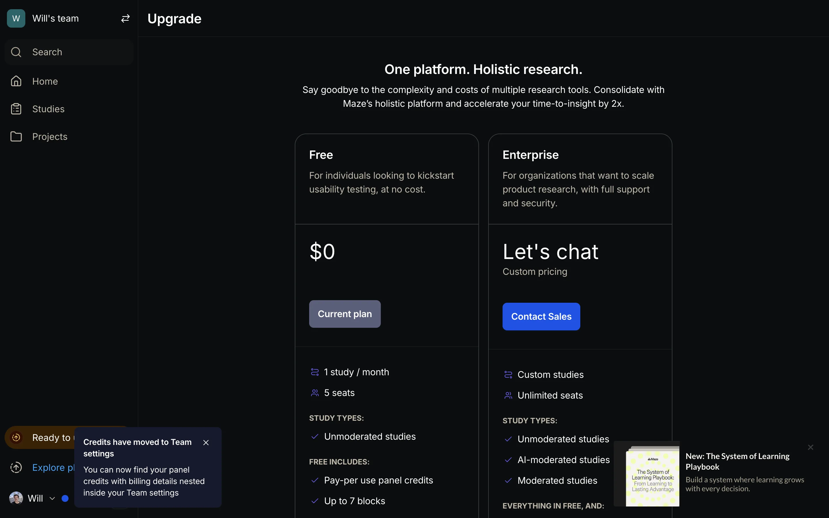 Maze’s in-app upgrade page comparing Free and Enterprise plans, with the Free column showing $0 and Current plan, the Enterprise column showing custom pricing with Contact Sales, and the Maze AI feature section marked unavailable on Free for every row.