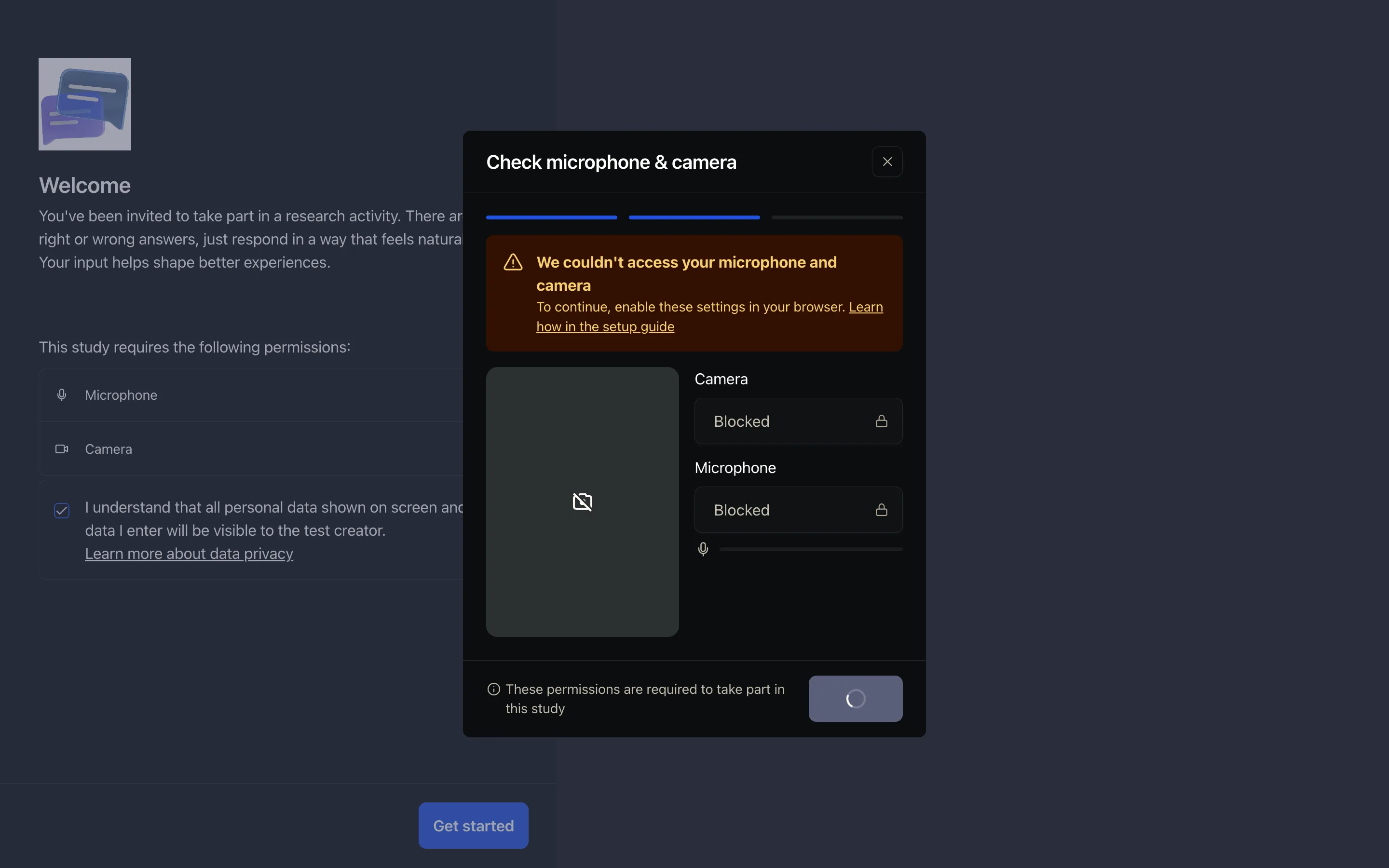 Maze’s permission modal after camera and microphone access is denied, reading "Check microphone & camera" with status rows showing Camera: Blocked and Microphone: Blocked, and a disabled button reading "Waiting for".