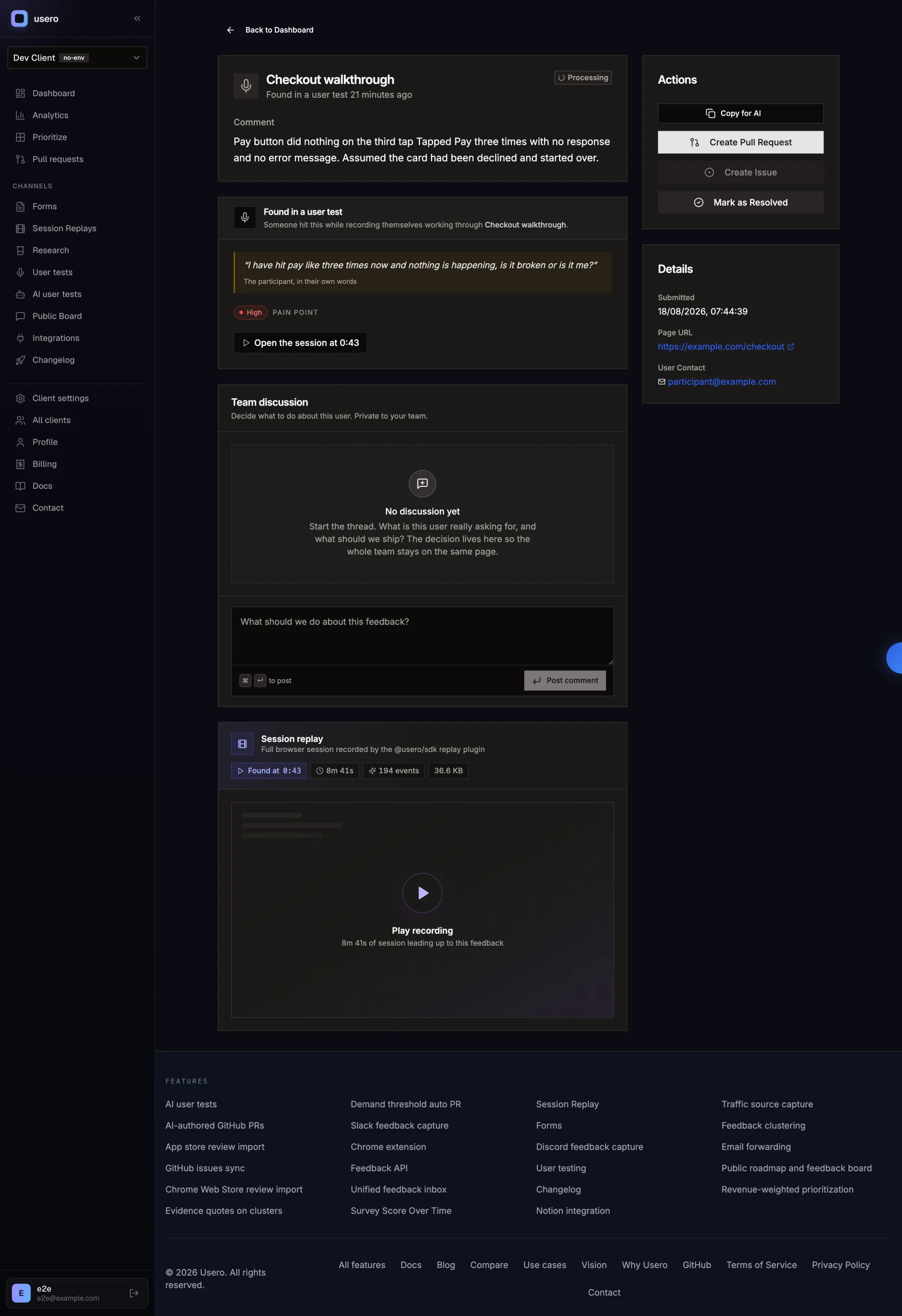 A Usero feedback detail page for a user test finding, showing the finding text with a severity tag, the source test name, and the inline session replay opened at the moment the participant hit the problem.