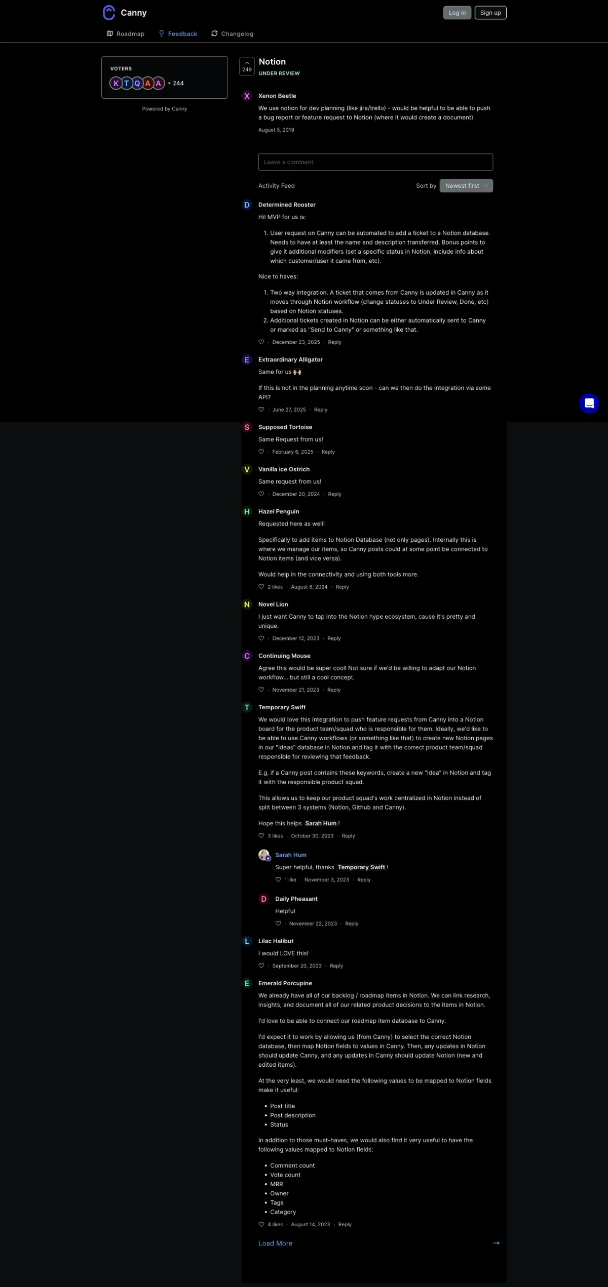 The Notion request on Canny’s own feedback board: 249 votes, status Under Review, opened August 2019, with a long comment thread of users describing the database mapping they want.