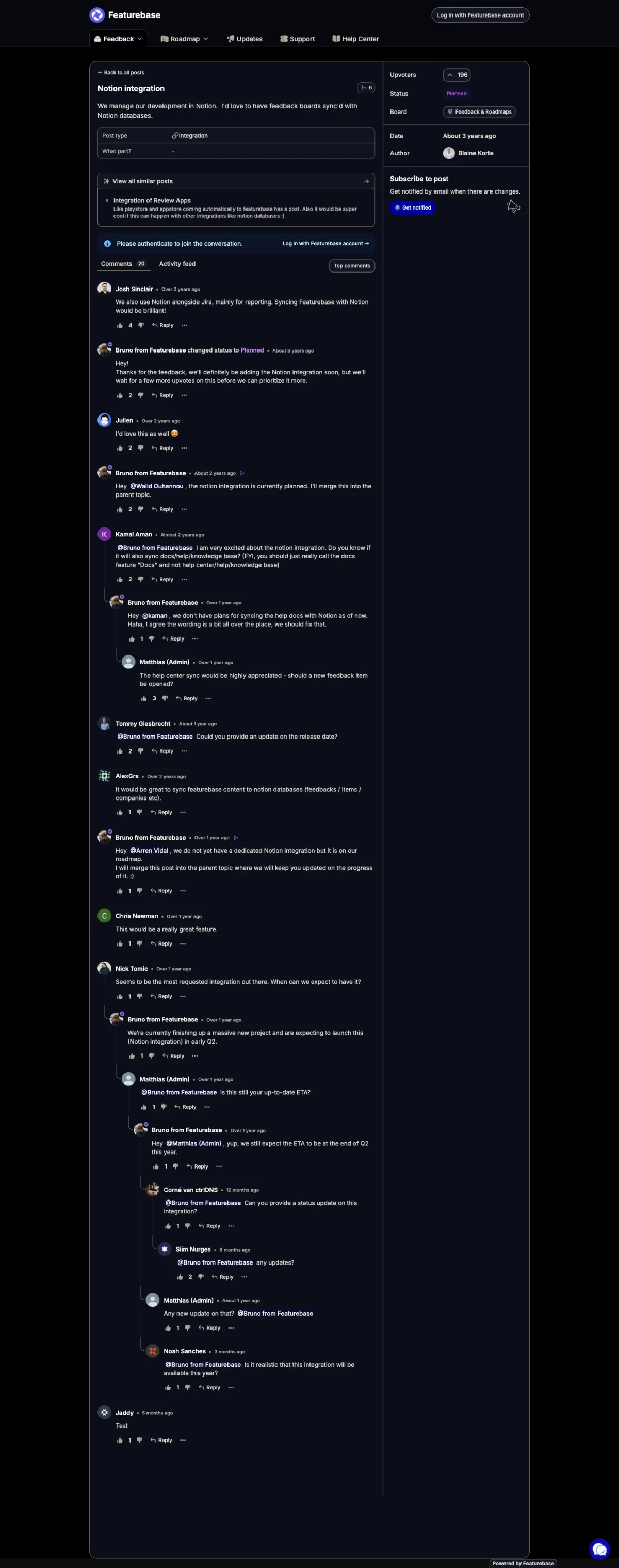 The Featurebase Notion integration thread: 196 votes, status Planned, showing the team’s early Q2 estimate, the revised end of Q2 estimate, and a series of unanswered follow-up questions from users.