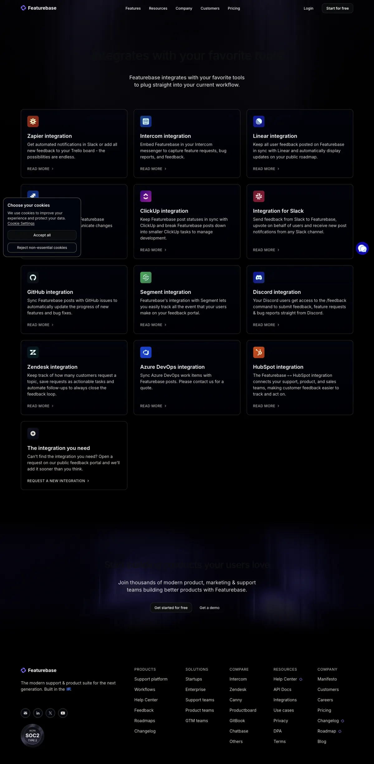 Featurebase public integrations catalog showing 12 integrations including Zapier, Linear, Jira, and Slack, with no Notion entry, ending in a card that invites users to request a missing integration.
