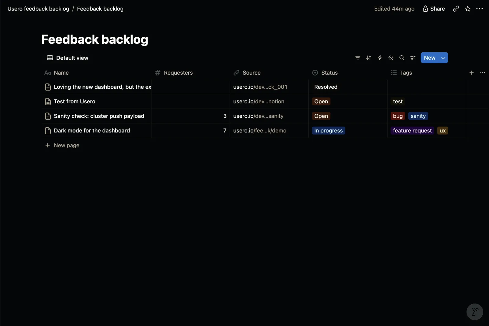 A Notion database named Feedback backlog holding rows created by Usero, each with a requester count, a source link, a status, and tags