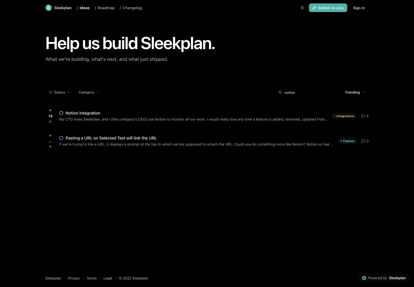 Sleekplan’s public feedback board searched for notion, showing the Notion Integration request with 18 votes and the CEO’s comment about mirroring a Notion features table.