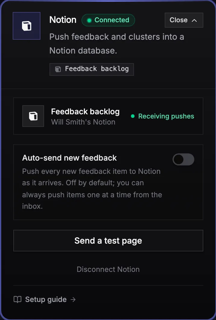 The Notion card on the Usero integrations page in a connected state, showing the chosen Feedback backlog database, the off-by-default auto-send toggle, and a Send a test page button