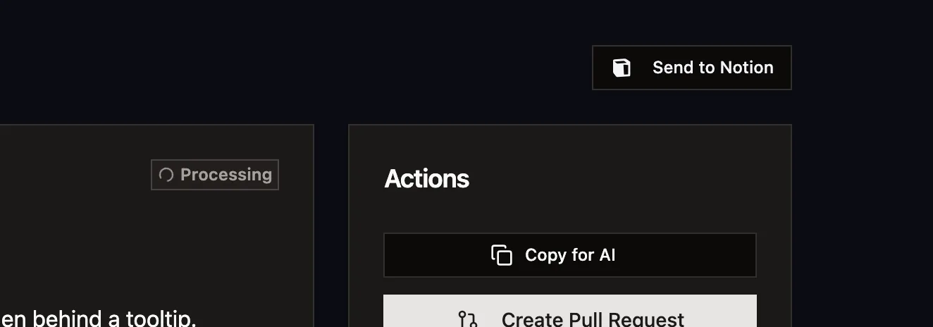 The Send to Notion button on a feedback item in the Usero dashboard, next to the Actions panel with Copy for AI and Create Pull Request