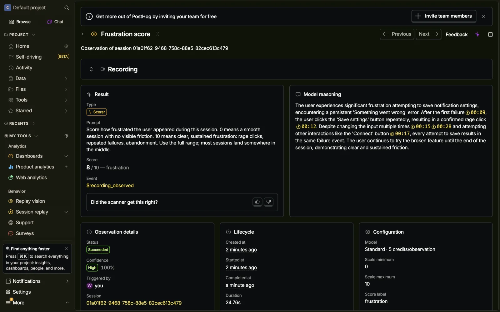 PostHog observation detail: score 8/10 frustration, confidence High 100%, model reasoning with timestamped links, and an embedded recording player