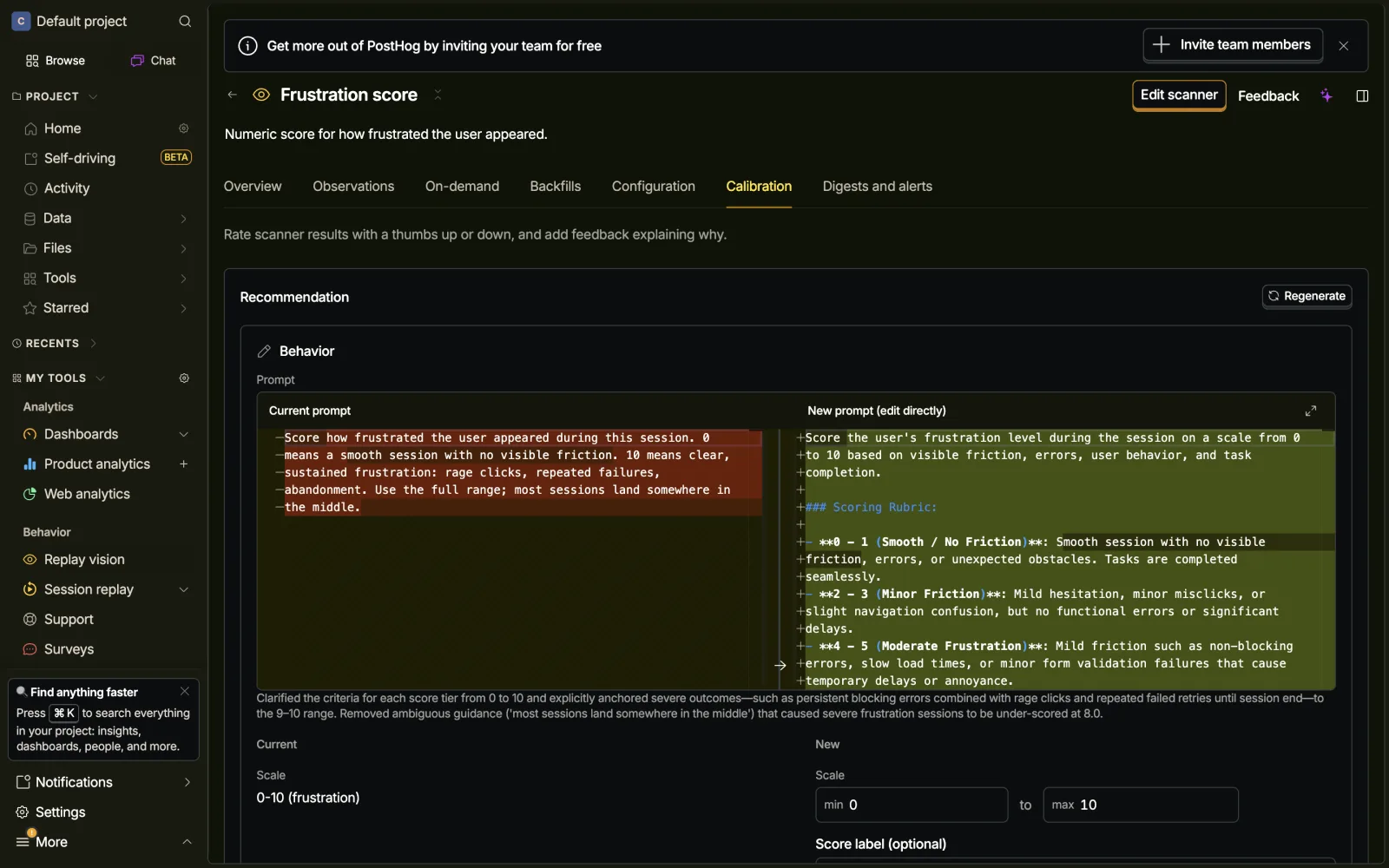 PostHog calibration recommendation: a Current vs New prompt diff with a detailed scoring rubric and a Why this change explanation