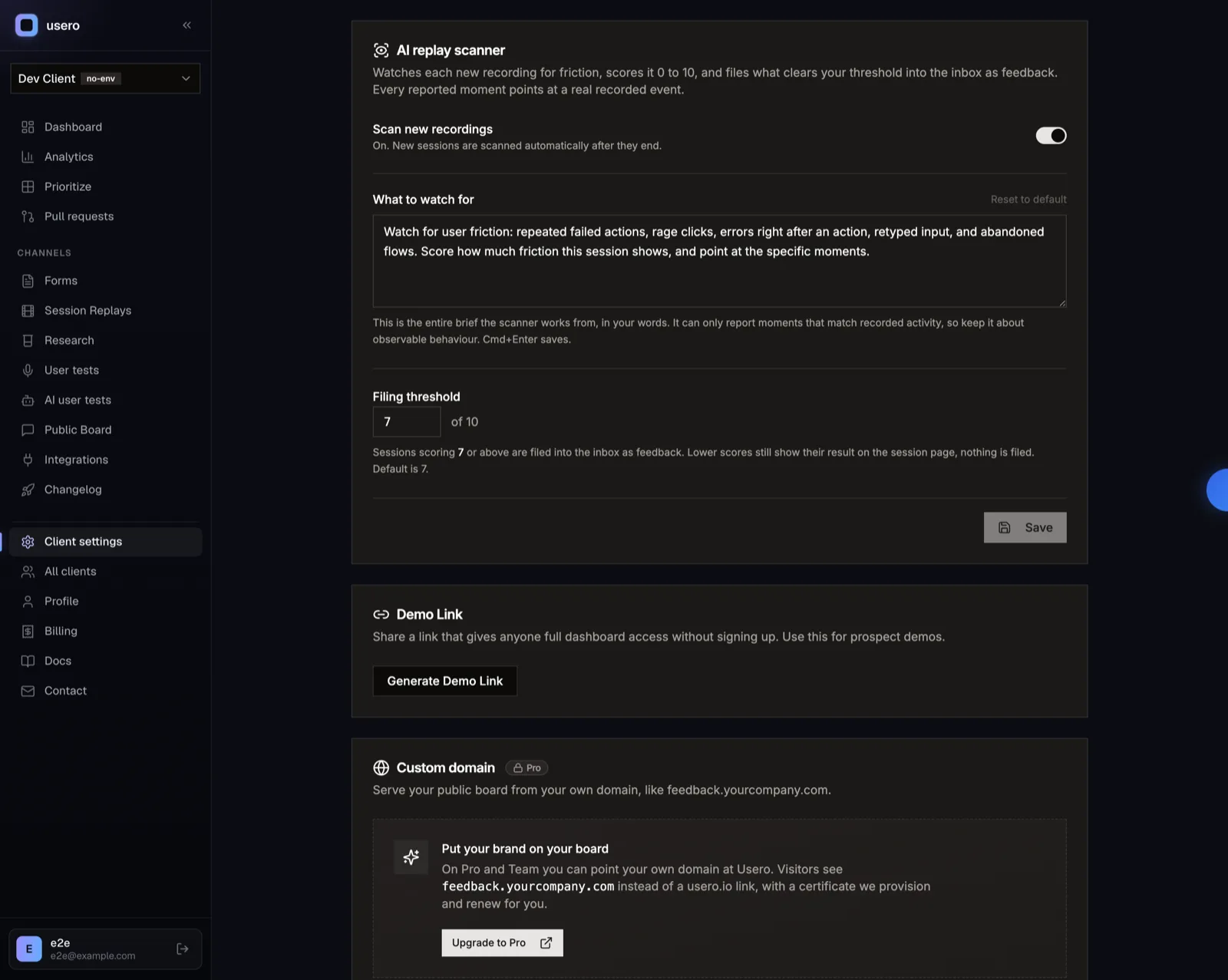 Usero client settings with the new AI replay scanner card: enable toggle, plain-language prompt textarea, and a 0-10 filing threshold