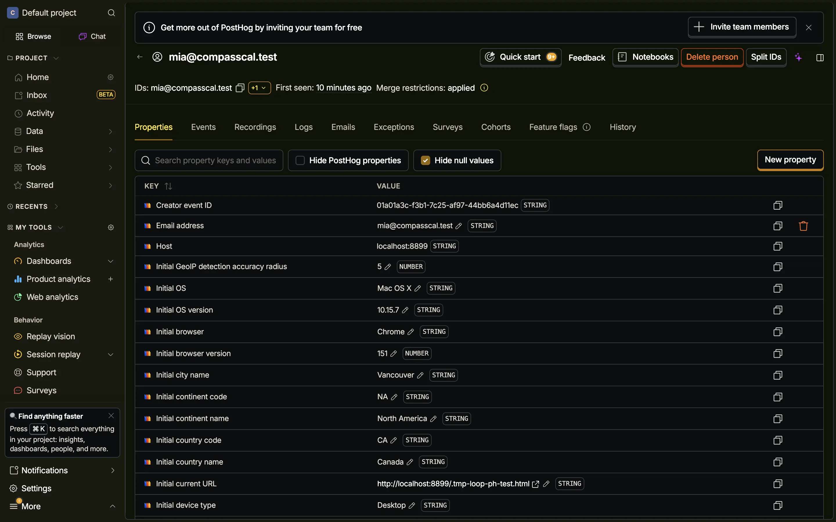 A PostHog person page showing identity properties and tabs for events, recordings, surveys, exceptions, cohorts and feature flags