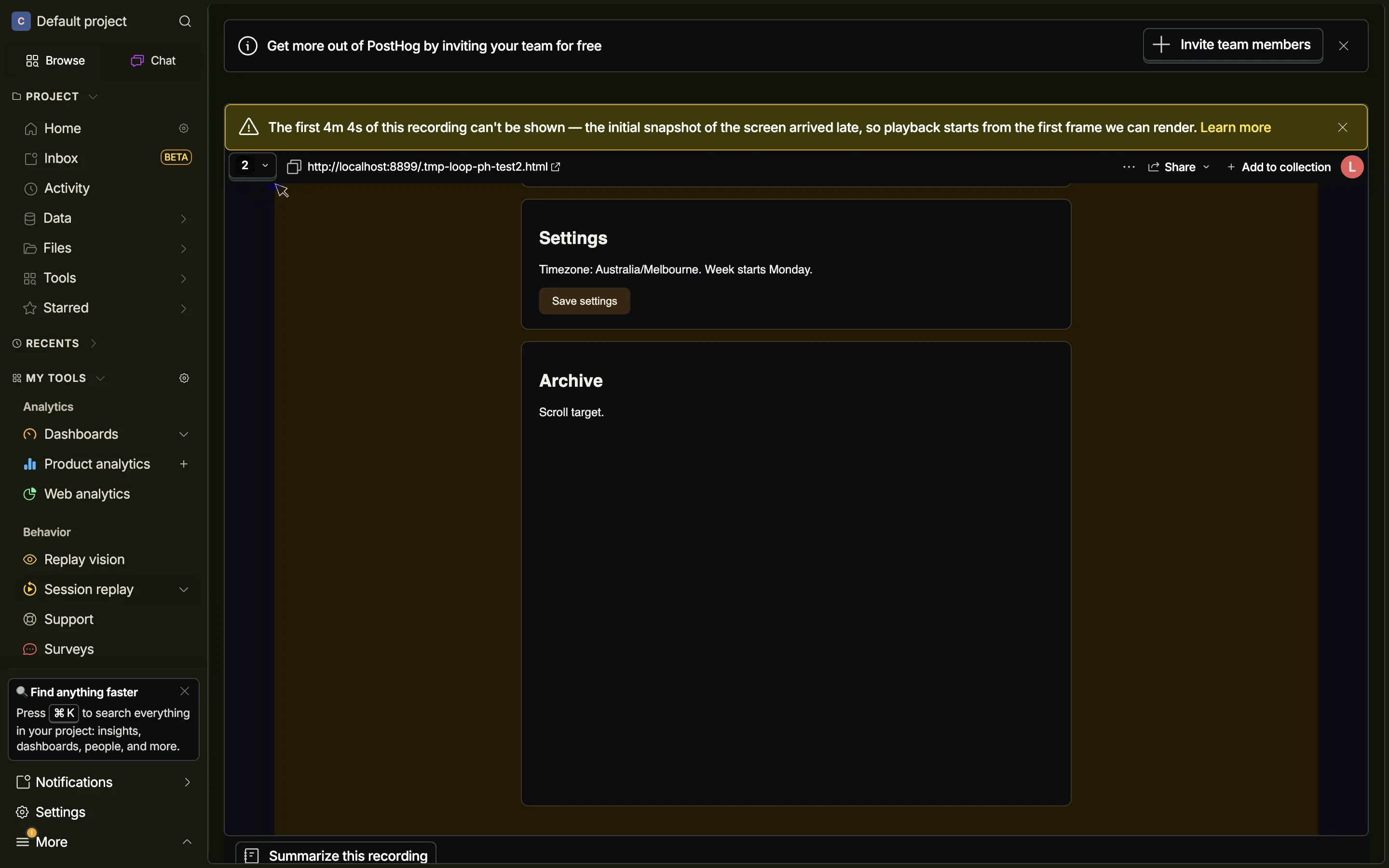 PostHog replay player with a banner explaining the first 4 minutes 4 seconds of the recording cannot be shown because the initial snapshot arrived late