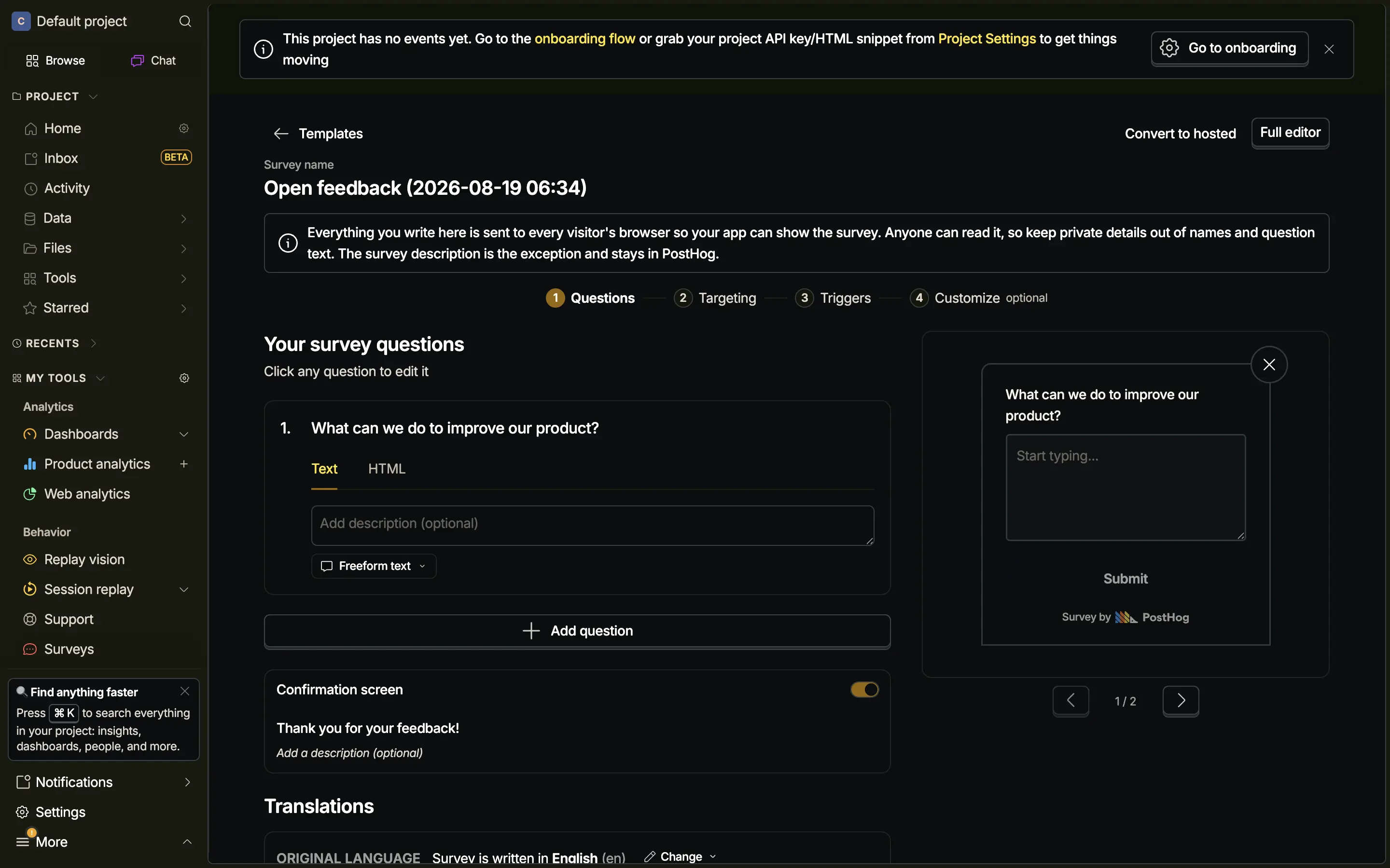 PostHog survey wizard with the question editor on the left and a live preview of the survey popover on the right