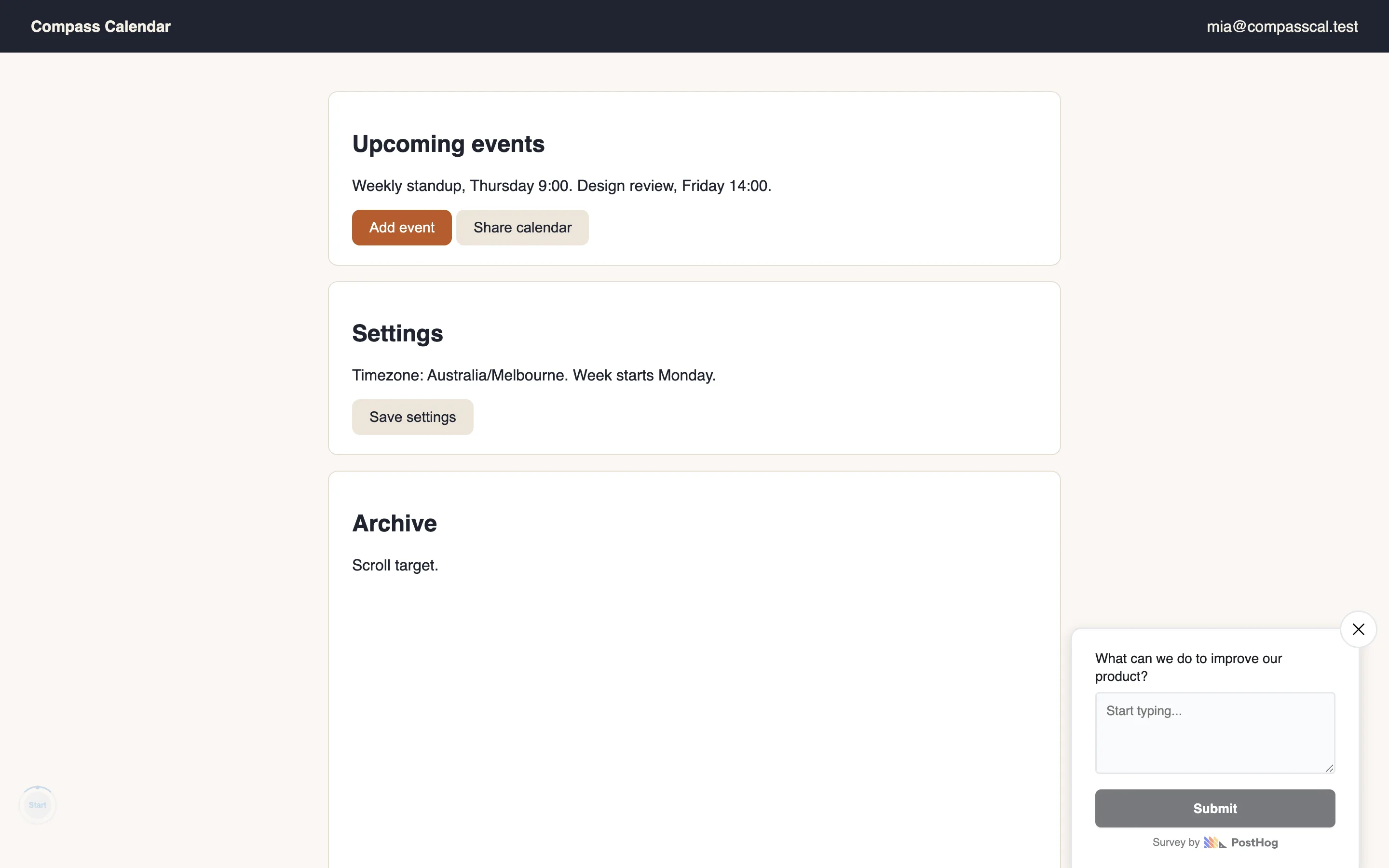 The PostHog survey popover rendered on our test app, asking what can we do to improve our product