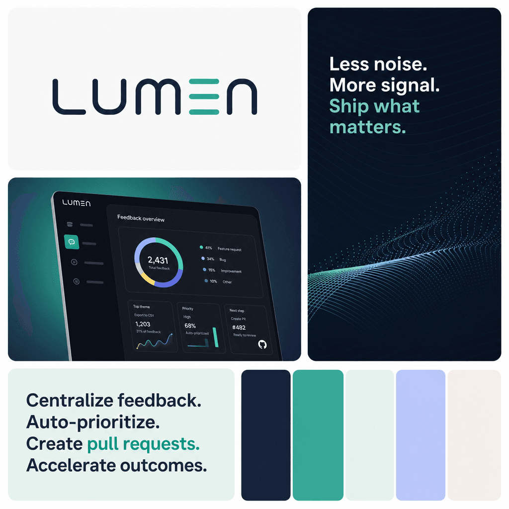 Brand board in navy and teal with the line "Less noise. More signal. Ship what matters."