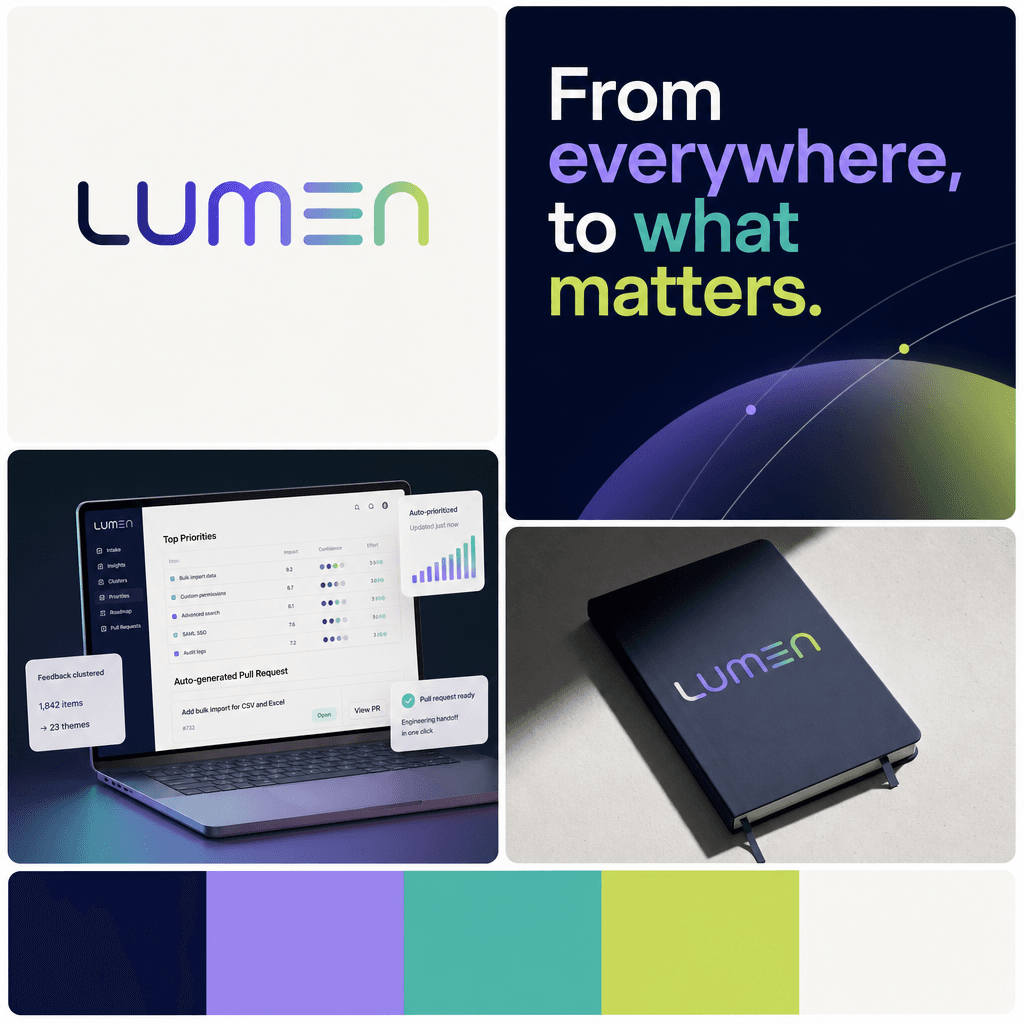 Brand board in navy, purple and lime with a notebook mockup and the line "From everywhere, to what matters."