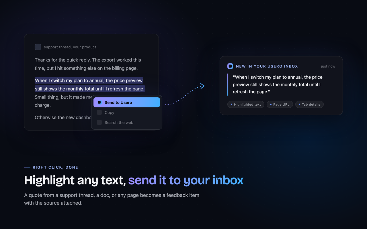 Highlighting text on a page and sending it to Usero from the right-click menu