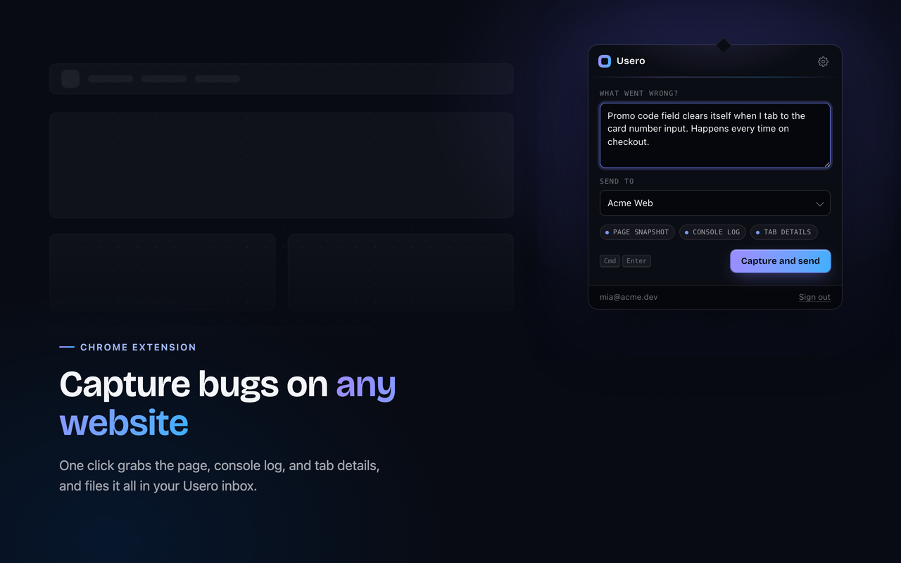 Usero popup capturing a bug with a screenshot, console tail, and a note