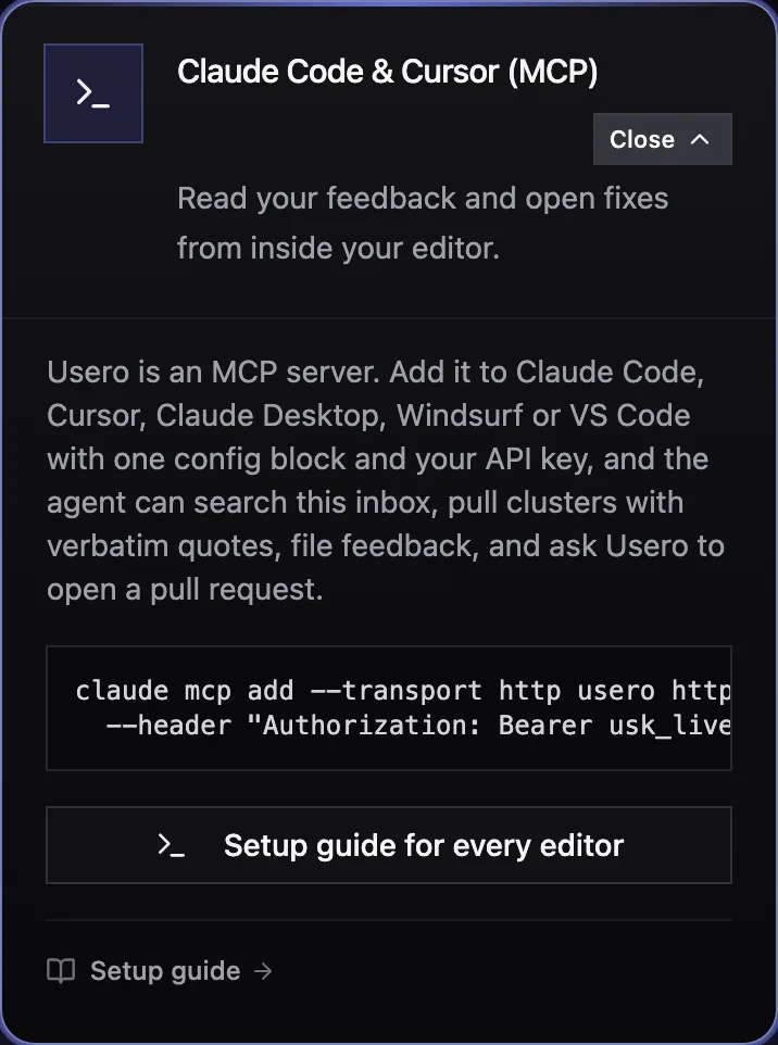 The Claude Code and Cursor (MCP) card on the Usero integrations page with the claude mcp add one-liner