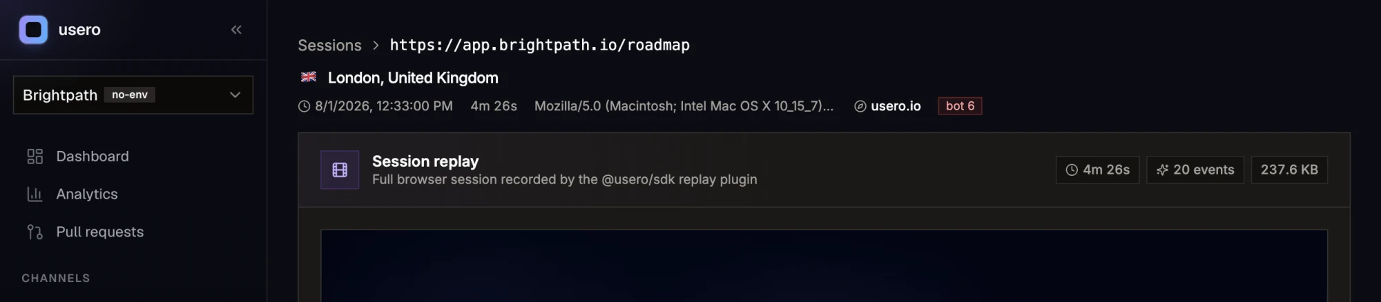 Usero session detail header showing the referrer source beside the timestamp and duration
